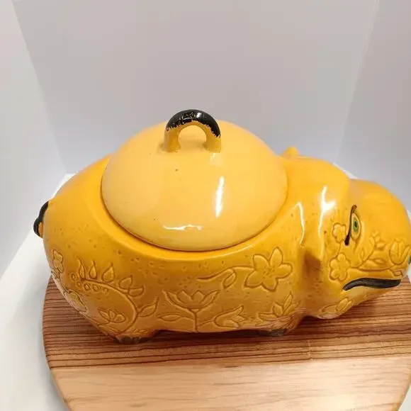 Doranne of CA Smiling Yellow Gold Hippo W/ Flowers Retro Vintage Cookie Jar MCM